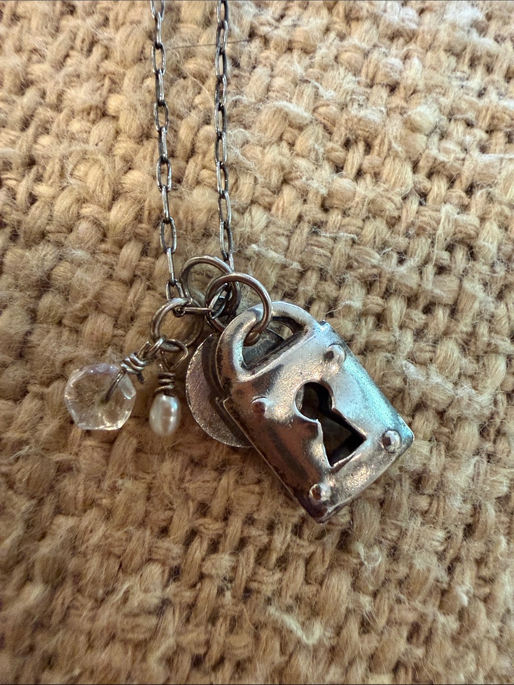 Silver Padlock Pendant Necklace with Crystal and Pearl Charms, American Eagle.